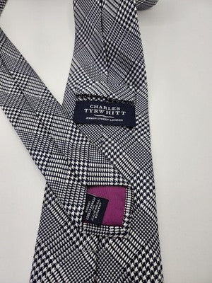 Charles Tyrwhitt Silk Tie Mens Navy Blue White Houndstooth Check Neck Tie Vintage Retro Wedding