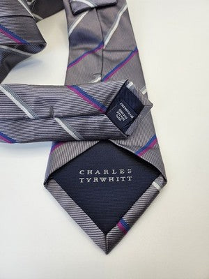 Charles Tyrwhitt Silk Tie Mens Grey Striped Ribbed Textured Wedding Neck Tie Vintage Retro
