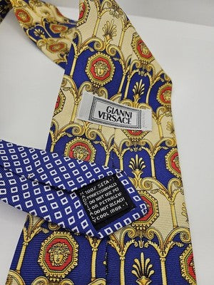 Gianni Versace Silk Tie Mens Blue Gold Red Baroque Medusa Vtg Neck Tie Vintage Retro Wedding