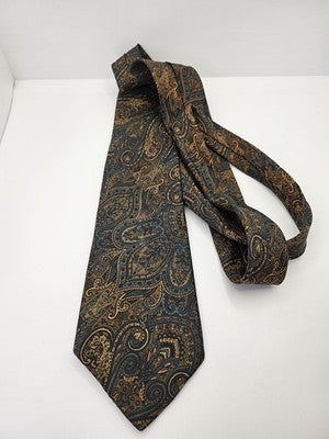 Liberty Silk Tie Mens Gold Green Paisley Floral Vtg Wedding Neck Tie Vintage Retro Formal