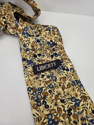Liberty Silk Tie Mens Beige Blue Brown Floral Berries Vtg Wedding Neck Tie Vintage Retro Formal