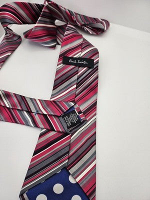 Paul Smith Silk Tie Mens Pink Grey Black Striped Diagonal Wedding Neck Tie Vintage Retro Formal