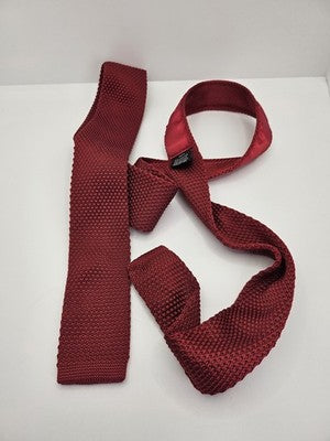 Michaelis Skinny Knitted Red Tie Men Plain Woven Square End Necktie Mod Mens Vintage Retro