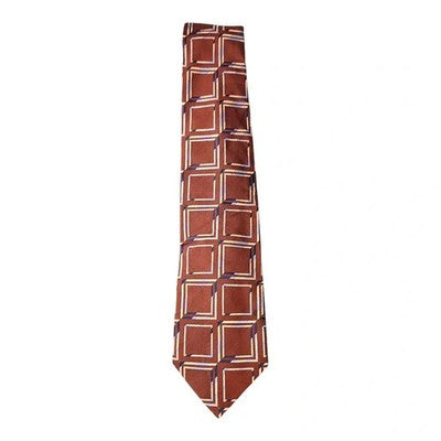 TM Lewin Brown Retro Square Panel Silk Tie Mens Vintage Wedding Formal Designer Classic Necktie