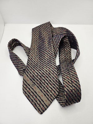 Valentino Silk Tie Mens Beige Navy Red Striped Textured Vtg Wedding Neck Tie Vintage Retro