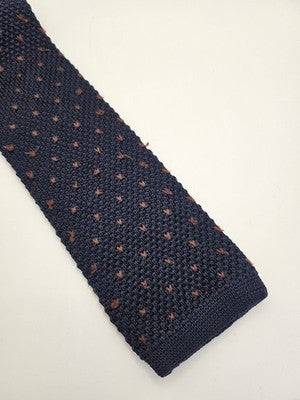 H.E. by Mango Skinny Knitted Navy Tie Men Polka Dot Square End Necktie Mod Mens Vintage Retro