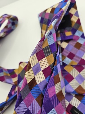 Duchamp Silk Tie Mens Purple Blue Gold Geometric Check Vtg Wedding Clearance Vintage Retro