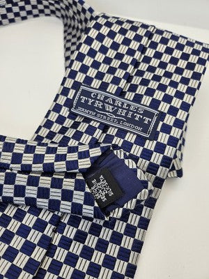 Charles Tyrwhitt Silk Tie Mens Blue White Checked Geometric Wedding Neck Tie Vintage Retro