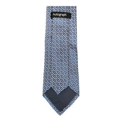 Marks and Spencer Blue and White Jaquard Geometric Silk Tie Mens Vintage Retro Wedding Formal