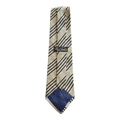 Pisa's Tower Beige and Navy Striped Silk Tie Mens Vintage Retro Wedding Formal Designer Classic