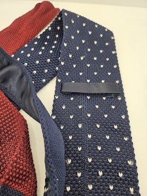 Skinny Knitted Navy Tie Men Polka Dot Woven Square End Necktie Mod Mens Vintage Retro Wedding