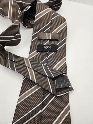 Hugo Boss Silk Tie Mens Brown White Striped Diagonal Wedding Neck Tie Vintage Retro Formal