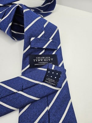 Charles Tyrwhitt Silk Tie Mens Blue White Striped Textured Wedding Neck Tie Vintage Retro
