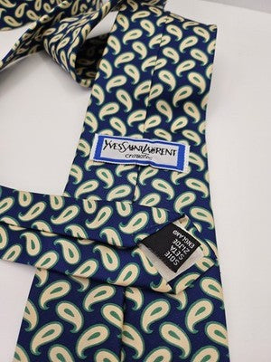 Yves Saint Laurent Silk Tie Mens Blue Green Paisley Vtg Wedding Neck Tie Vintage Retro Formal
