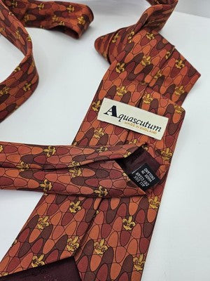 Aquascutum Silk Tie Mens Orange Brown Fleur de Lis Retro Wedding Neck Tie Vintage Formal