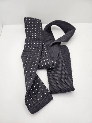 Skinny Knitted Grey Tie Men Polka Dot Woven Square End Necktie Mod Mens Vintage Retro Wedding