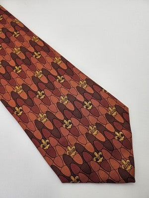Aquascutum Silk Tie Mens Orange Brown Fleur de Lis Retro Wedding Neck Tie Vintage Formal