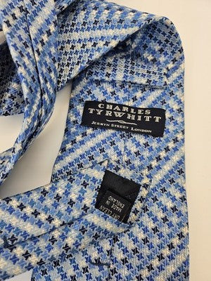 Charles Tyrwhitt Silk Tie Mens Blue White Houndstooth Geometric Wedding Neck Tie Vintage Retro