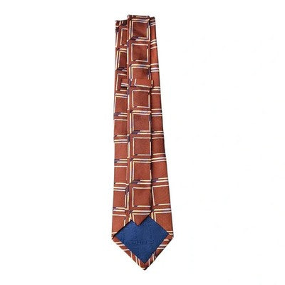 TM Lewin Brown Retro Square Panel Silk Tie Mens Vintage Wedding Formal Designer Classic Necktie