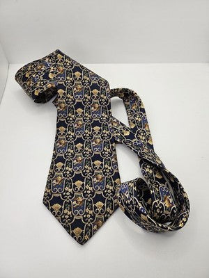 Lanvin Paris Silk Tie Mens Blue Gold Floral Fan Scroll Vtg Wedding Neck Tie Vintage Retro