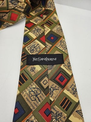 Yves Saint Laurent Silk Tie Mens Green Geometric Leaf Vtg Wedding Neck Tie Vintage Retro Formal