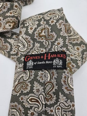 Gieves and Hawkes Silk Tie Mens Green Brown Paisley Vtg Wedding Neck Tie Clearance Vintage
