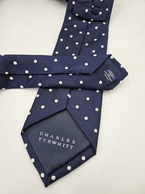 Charles Tyrwhitt Silk Tie Mens Navy Blue White Polka Dot Wedding Neck Tie Vintage Retro Formal