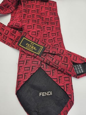 Fendi Silk Tie Mens Red Black Geometric FF Logo Vtg Retro Wedding Clearance Vintage Formal
