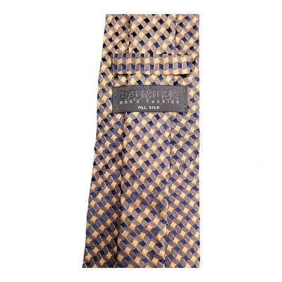 Baumler Navy Blue and Yellow Woven Silk Tie Mens Vintage Retro Wedding Formal Designer Classic