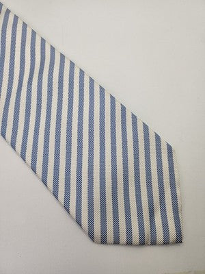 Massimo Dutti Silk Tie Mens Blue White Striped Textured Wedding Neck Tie Vintage Retro Formal