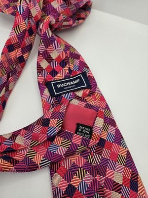 Duchamp London Silk Tie Mens Pink Purple Geometric Diamond Wedding Neck Tie Vintage Retro