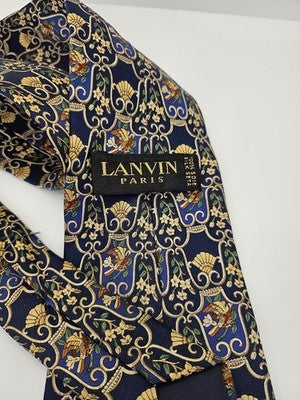 Lanvin Paris Silk Tie Mens Blue Gold Floral Fan Scroll Vtg Wedding Neck Tie Vintage Retro