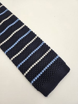 Tigre Amore Skinny Knitted Navy Tie Men Striped Woven Square End Necktie Mod Mens Vintage Retro