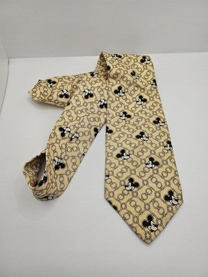Disney Tie Rack Silk Tie Mens Beige Gold Mickey Mouse Novelty Vtg Clearance Vintage Retro