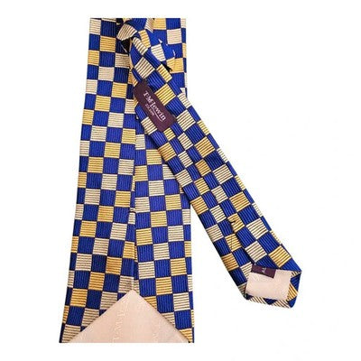 TM Lewin Navy Blue and Yellow Check Geometric Pattern Silk Tie Mens Vintage Retro Wedding