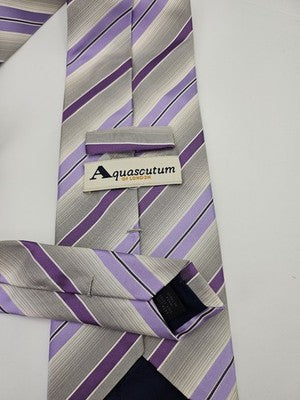 Aquascutum Silk Tie Mens Purple Grey Striped Vtg Wedding Neck Tie Vintage Retro Formal Designer