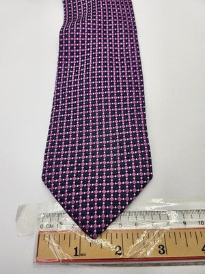 Hugo Boss Silk Tie Mens Purple Navy Geometric Checks Wedding Neck Tie Vintage Retro Formal