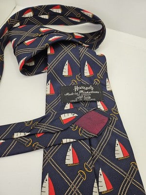 Harrods Silk Tie Mens Navy Blue Red Nautical Sailing Vtg Wedding Neck Tie Vintage Retro Formal