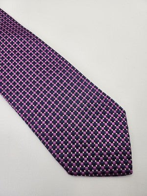 Hugo Boss Silk Tie Mens Purple Navy Geometric Checks Wedding Neck Tie Vintage Retro Formal