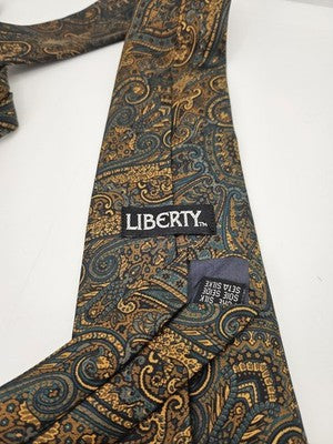 Liberty Silk Tie Mens Gold Green Paisley Floral Vtg Wedding Neck Tie Vintage Retro Formal