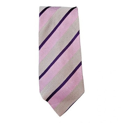 Guy Laroche Purple and Grey Striped Silk Tie Mens Vintage Retro Wedding Formal Designer Classic
