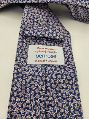 Penrose Silk Tie Mens Blue Gold Floral Leaf Vtg Wedding Neck Tie England Vintage Retro Formal