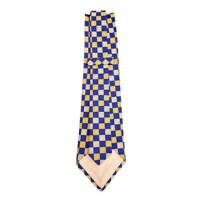 TM Lewin Navy Blue and Yellow Check Geometric Pattern Silk Tie Mens Vintage Retro Wedding