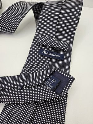 Aquascutum Silk Tie Mens Navy Blue White Micro Dot Geometric Wedding Neck Tie Vintage Retro