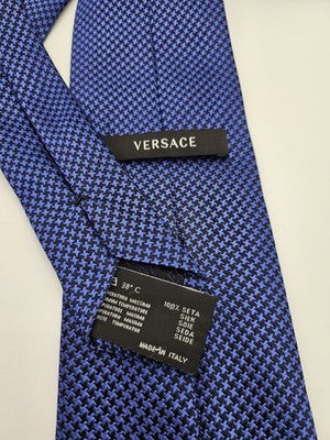 Versace Silk Tie Mens Blue Black Houndstooth Textured Wedding Neck Tie Vintage Retro Formal
