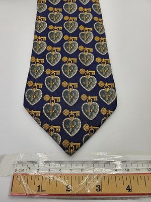 Christian Dior Silk Tie Mens Blue Gold Hearts Keys Vtg Wedding Neck Tie Vintage Retro Formal