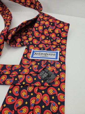 Yves Saint Laurent Silk Tie Mens Navy Red Paisley Floral Vtg Neck Tie Vintage Retro Wedding