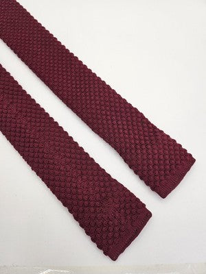 Skinny Knitted Burgundy Tie Men Textured Woven Square End Necktie Mod Mens Vintage Retro