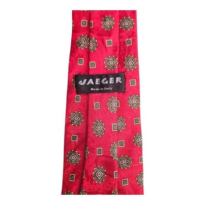 Jaeger Red Silk Tie with Medallion Motif Mens Vintage Retro Wedding Formal Designer Classic