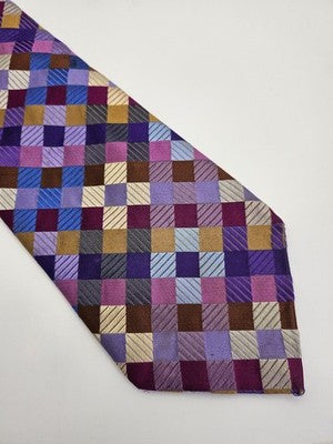 Duchamp Silk Tie Mens Purple Blue Gold Geometric Check Vtg Wedding Clearance Vintage Retro